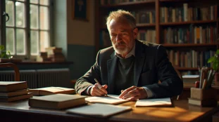 Albert Piette, anthropologue français, observant et écrivant dans le silence d'une bibliothèque universitaire, entouré de ses carnets de terrain