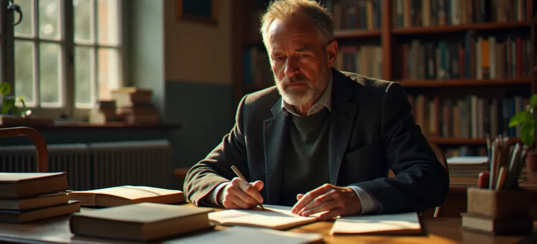 Albert Piette, anthropologue français, observant et écrivant dans le silence d'une bibliothèque universitaire, entouré de ses carnets de terrain