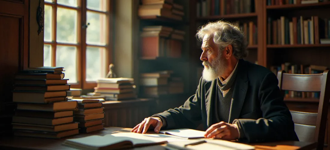 Portrait d'un philosophe français en méditation dans son bureau, évoquant l'univers d'André Comte-Sponville et la philosophie comme art de vivre