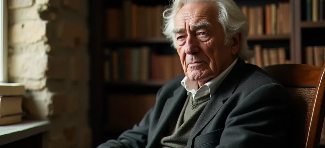 Portrait d'un sage français aux cheveux blancs dans une pièce en pierre lumineuse, évoquant l'enseignement spirituel d'Arnaud Desjardins