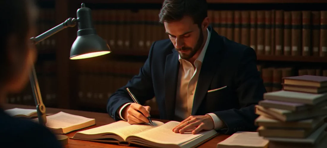 Un chercheur évaluant l'autorité de sources documentaires dans une bibliothèque universitaire, entouré de livres et de revues académiques