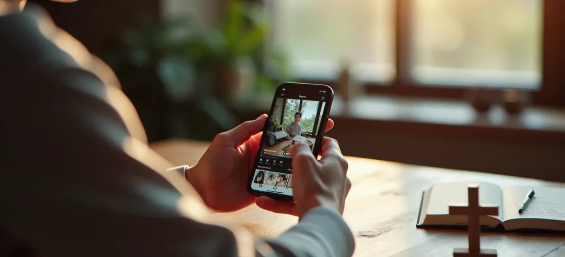 Personne rédigeant sa bio instagram religion sur son smartphone, avec une croix en bois posée sur une table en bois naturel