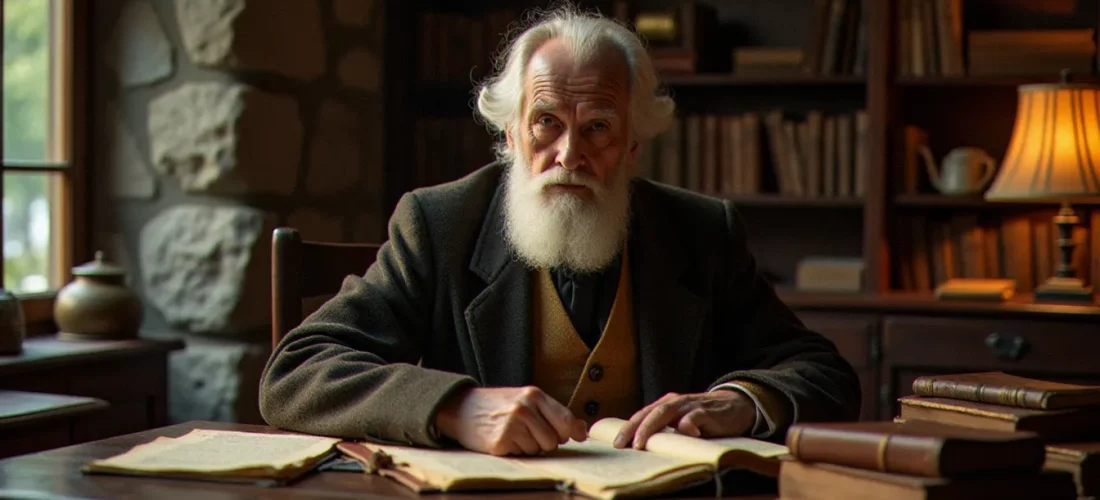 Portrait évocateur d'un penseur suisse assis dans un bureau ancien entouré de livres et manuscrits, illustrant l'univers intellectuel et spirituel de Carl Gustav Jung