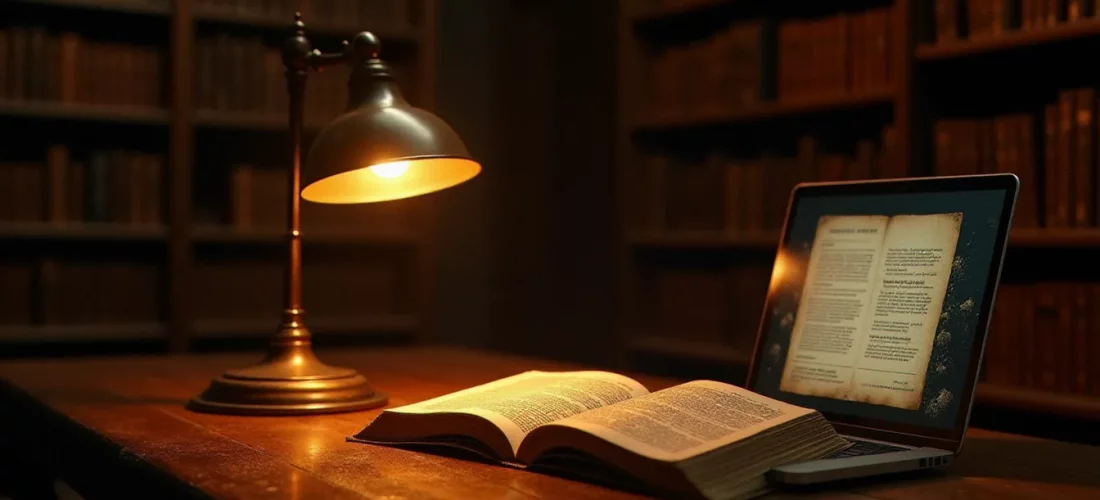 Une bibliothèque universitaire française avec un dictionnaire ancien ouvert et un écran affichant les ressources du centre national de ressources textuelles et lexicales