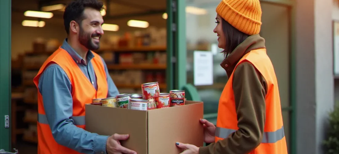 Bénévole en chasuble orange remettant un carton de denrées alimentaires lors d'une collecte alimentaire 2026 devant un supermarché