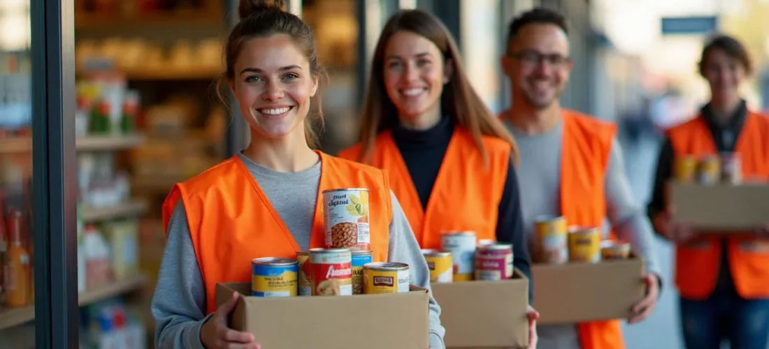 Des bénévoles en gilets oranges tenant des caisses de dons lors d'une collecte alimentaire pour une banque alimentaire devant un supermarché français