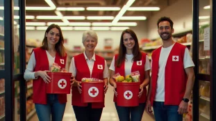 Des bénévoles de la Croix Rouge en gilets rouges tenant des paniers de collecte alimentaire à l'entrée d'un supermarché français
