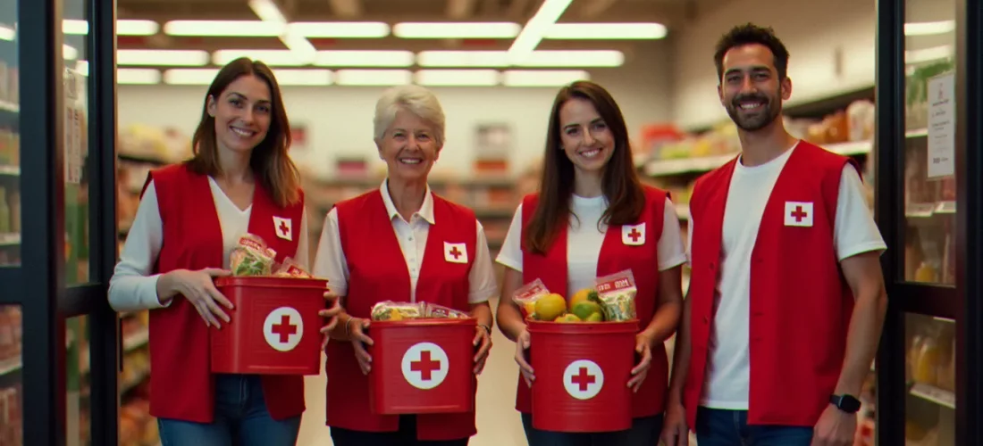 Des bénévoles de la Croix Rouge en gilets rouges tenant des paniers de collecte alimentaire à l'entrée d'un supermarché français