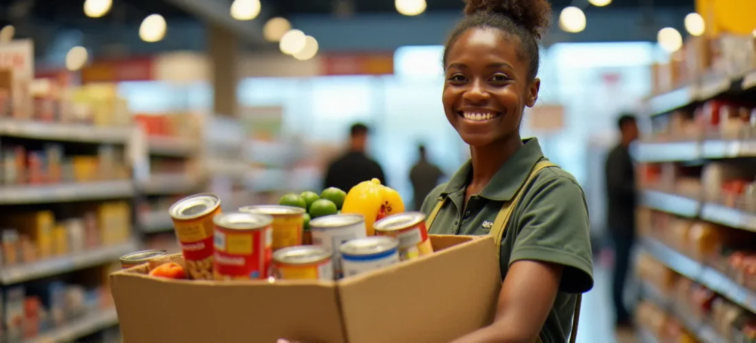 Un bénévole dépose des conserves dans un bac de collecte alimentaire à l'entrée d'un supermarché lors d'une opération solidaire