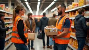 Bénévoles en gilet orange lors d'une collecte alimentaire devant un supermarché à Rennes, accueillant les dons des clients