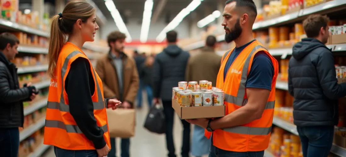 Bénévoles en gilet orange lors d'une collecte alimentaire devant un supermarché à Rennes, accueillant les dons des clients