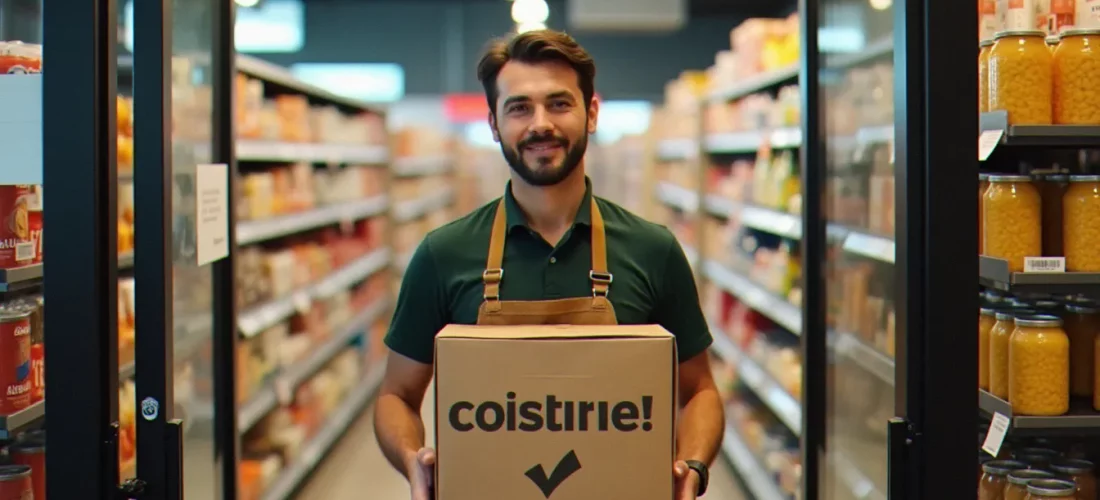 Bénévole des Restos du Cœur tenant un carton de collecte alimentaire à l'entrée d'un supermarché en 2025, entouré de conserves et de pâtes déposées par les clients