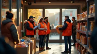 Des bénévoles du Secours Populaire accueillent des donateurs lors d'une collecte alimentaire en 2026 devant un supermarché français