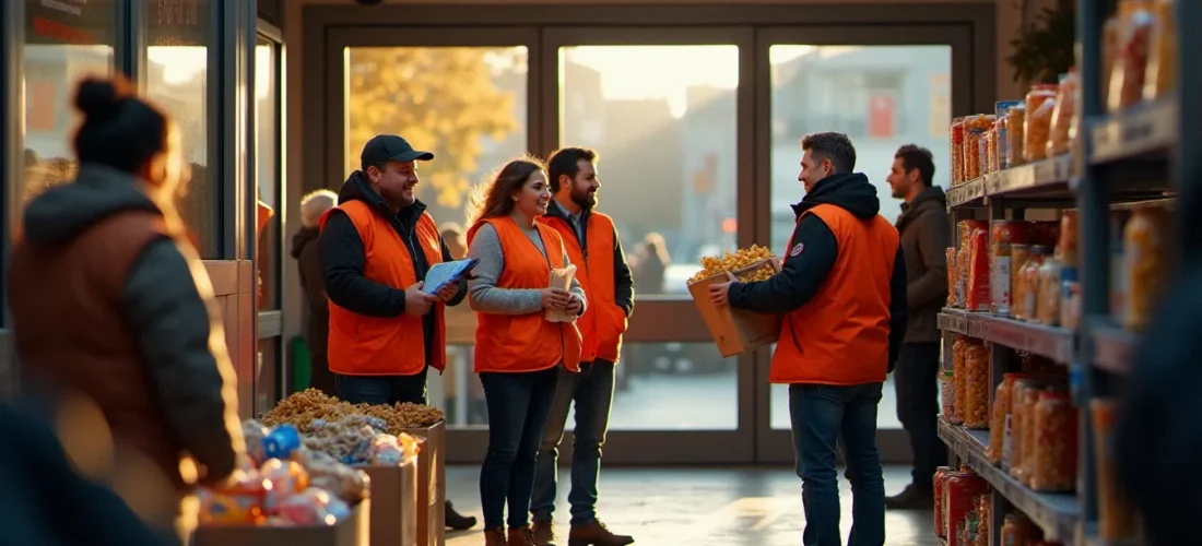 Des bénévoles du Secours Populaire accueillent des donateurs lors d'une collecte alimentaire en 2026 devant un supermarché français