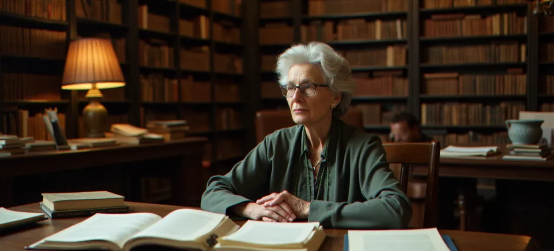 Une chercheuse française assise à un bureau de bibliothèque entouré de livres ouverts, évoquant le travail intellectuel de Danièle Hervieu-Léger sur la sociologie des religions