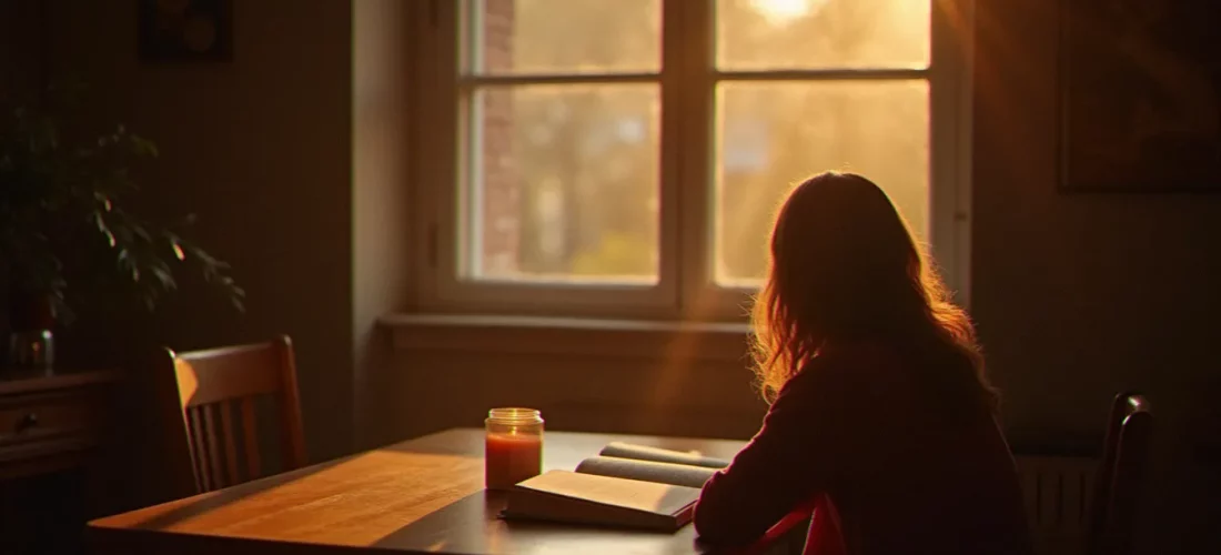 Personne en méditation à une table en bois près d'une fenêtre au lever du jour, illustrant le développement spirituel