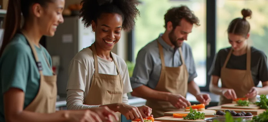 Des bénévoles préparent ensemble des repas dans une cuisine communautaire, illustrant la foi en Dieu qui se fait action concrète