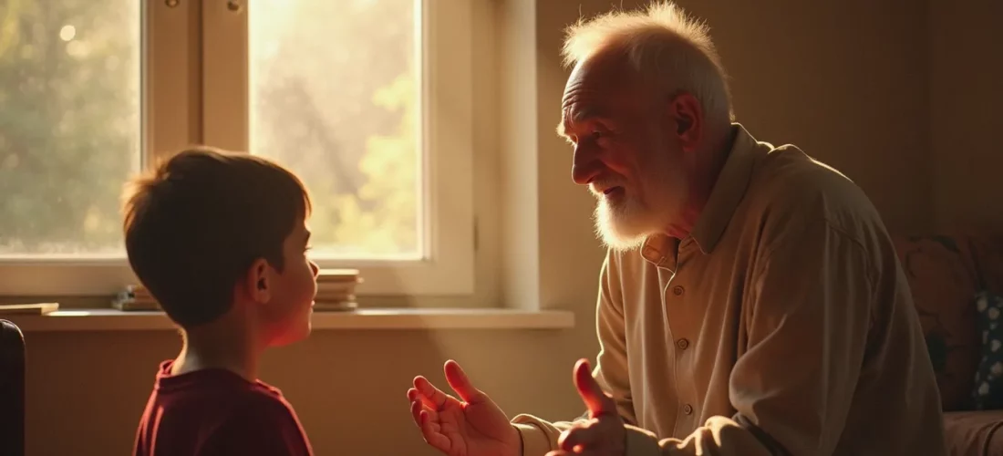 Un maître enseigne à son disciple dans une pièce baignée de lumière naturelle.