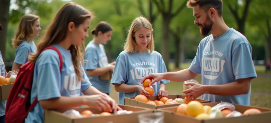 Groupe d'adolescents bénévoles triant des denrées alimentaires dans un parc urbain, illustrant l'engagement citoyen adolescent dans une action solidaire concrète
