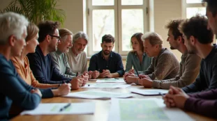 Groupe de citoyens de tous âges réunis autour d'une table pour un conseil de quartier, illustrant l'engagement citoyen ADP en action