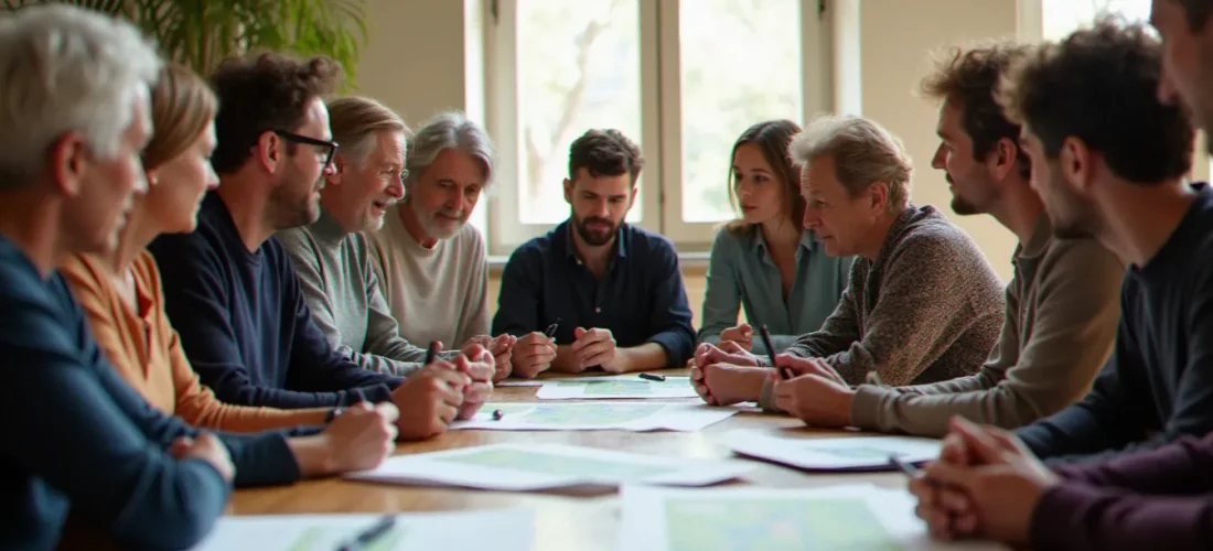 Groupe de citoyens de tous âges réunis autour d'une table pour un conseil de quartier, illustrant l'engagement citoyen ADP en action