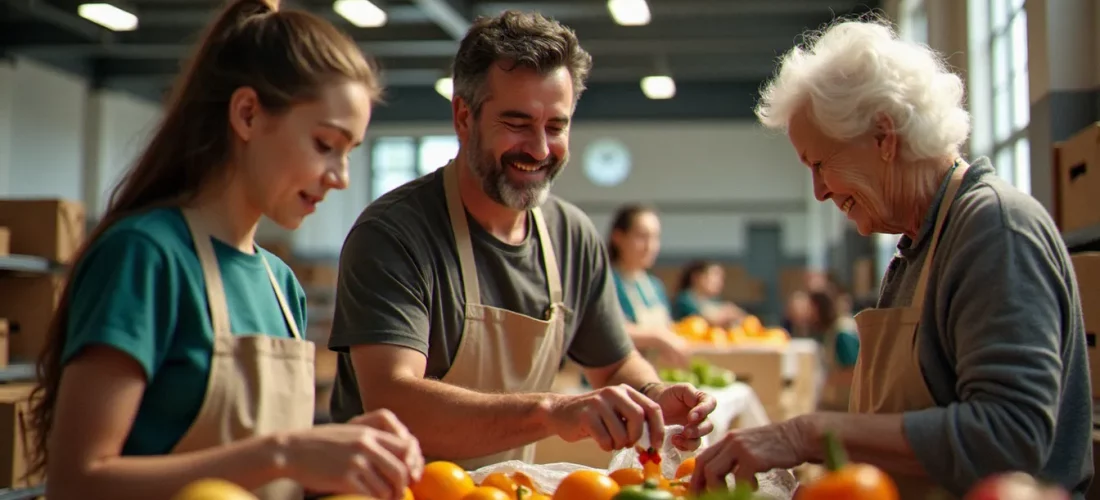 Bénévoles de différents âges réunis lors d'une distribution alimentaire, illustrant l'engagement citoyen à tout âge