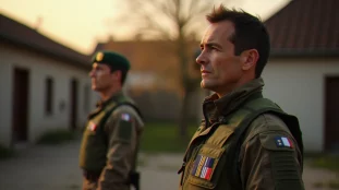 Un citoyen civil et un militaire français côte à côte devant une caserne régionale, illustrant l'engagement citoyen armée dans sa dimension humaine et quotidienne