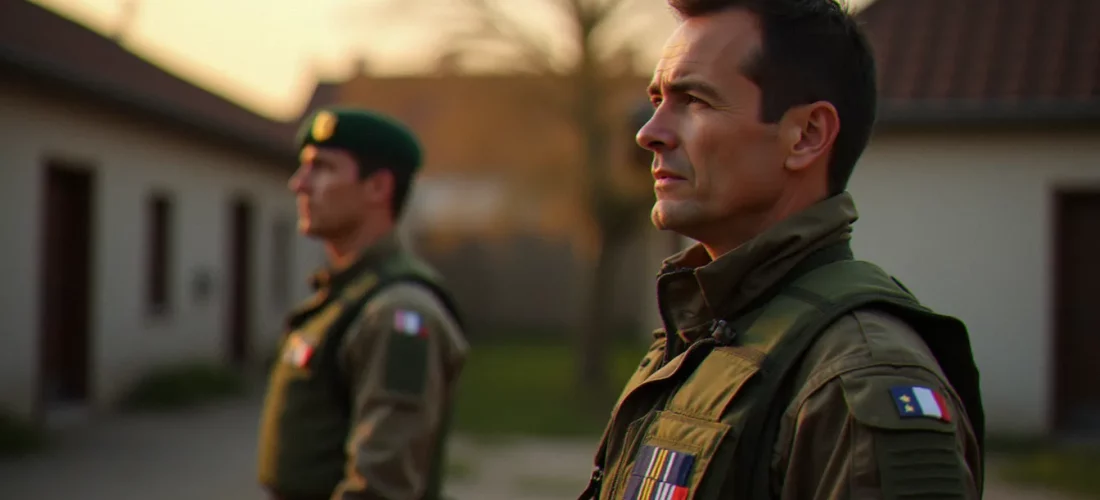 Un citoyen civil et un militaire français côte à côte devant une caserne régionale, illustrant l'engagement citoyen armée dans sa dimension humaine et quotidienne