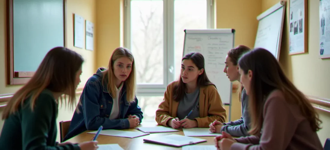 Groupe de lycéens engagés dans une réunion de délégués au sein de leur lycée, illustrant l'engagement citoyen au lycée