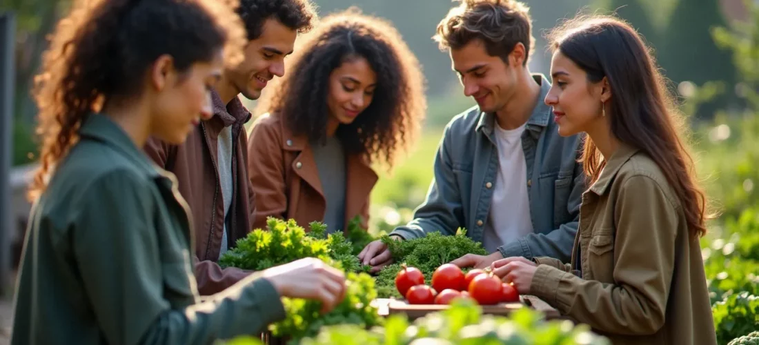 Groupe de jeunes adultes engagés dans un jardin partagé urbain, illustrant l'engagement citoyen des jeunes à travers une action collective concrète