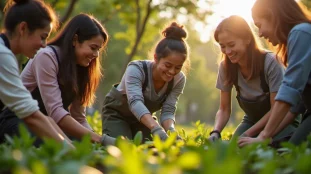 Groupe de bénévoles pratiquant l'engagement citoyen dans un jardin partagé urbain à Nantes, sous une lumière dorée d'après-midi