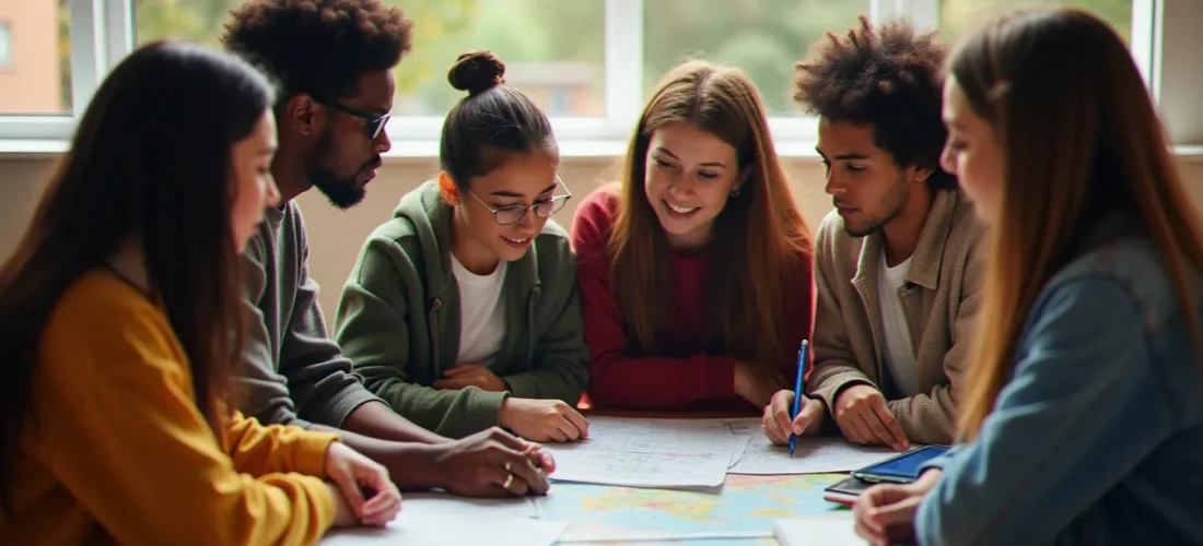 Groupe de jeunes engagés dans un projet citoyen collectif dans une salle associative lumineuse, illustrant l'engagement citoyen jeune