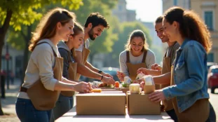 Groupe de bénévoles engagés dans une distribution alimentaire sur une place publique, illustrant l'engagement citoyen à Villefranche-sur-Saône