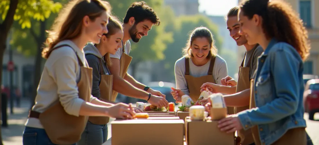 Groupe de bénévoles engagés dans une distribution alimentaire sur une place publique, illustrant l'engagement citoyen à Villefranche-sur-Saône