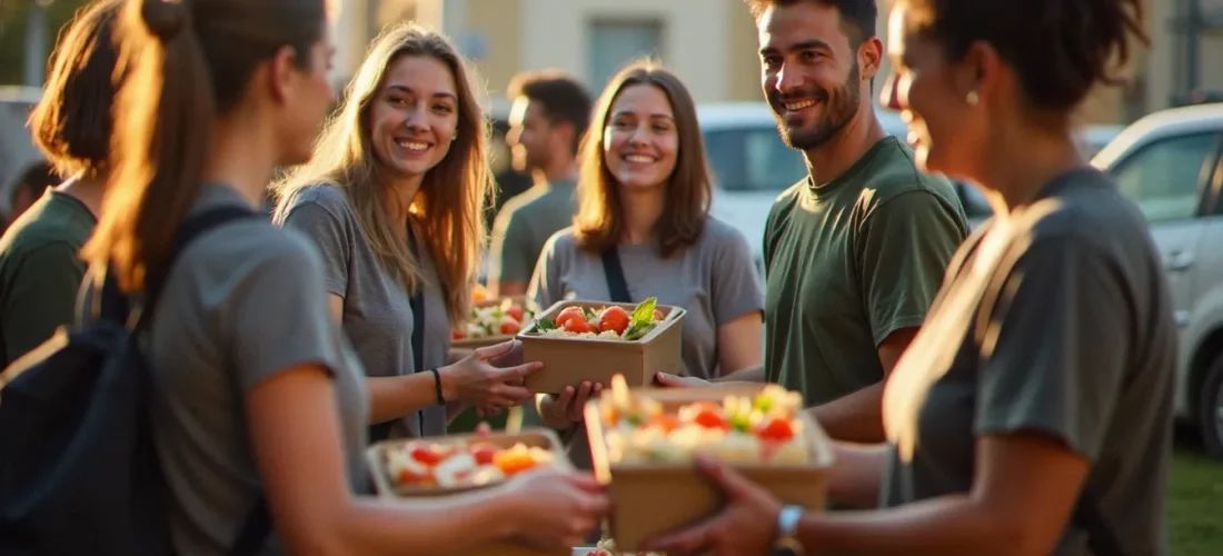 Des bénévoles distribuant des repas chauds dans un quartier des Bouches-du-Rhône, incarnant l'entraide solidarité 13 au quotidien