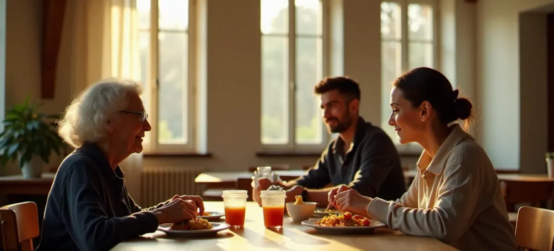 Scène d'entraide et de solidarité entre générations autour d'un repas partagé dans une salle communautaire, illustrant le lien humain au cœur de la solidarité