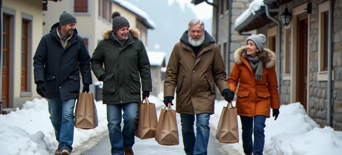 Des habitants de Samoëns pratiquant l'entraide et la solidarité en aidant une personne âgée dans les rues enneigées du village alpin