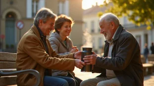 Bénévoles pratiquant l'entraide et la solidarité à Tours en distribuant de la soupe chaude à une personne âgée sur une place de la ville