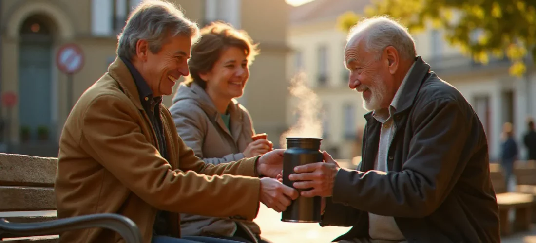 Bénévoles pratiquant l'entraide et la solidarité à Tours en distribuant de la soupe chaude à une personne âgée sur une place de la ville