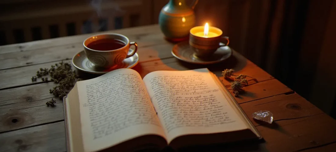Livre ouvert, chandelle et thé sur une table en bois, illustrant la quête spirituelle face à l'ésotérisme danger