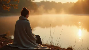 Une personne en méditation au bord d'un lac au lever du jour, illustrant l'esprit spirituelle et la recherche du sens.