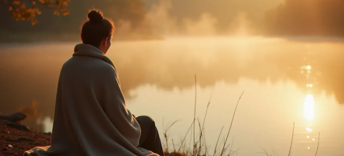 Une personne en méditation au bord d'un lac au lever du jour, illustrant l'esprit spirituelle et la recherche du sens.