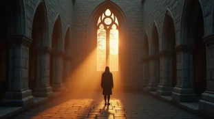 Une personne recueillie à l'aube devant une chapelle de pierre, illustrant la réflexion sur les êtres spirituels