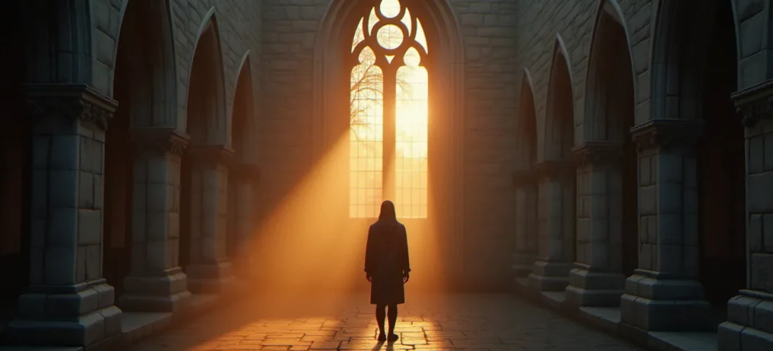 Une personne recueillie à l'aube devant une chapelle de pierre, illustrant la réflexion sur les êtres spirituels