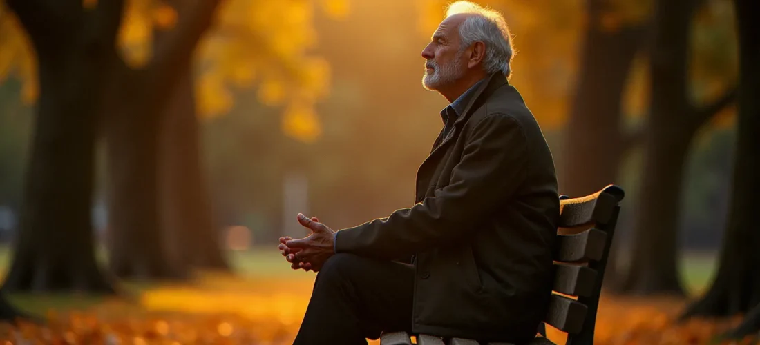 Homme d'une cinquantaine d'années assis en silence sur un banc de parc à l'heure dorée, évoquant une spiritualité contemplative et incarnée dans la vie ordinaire