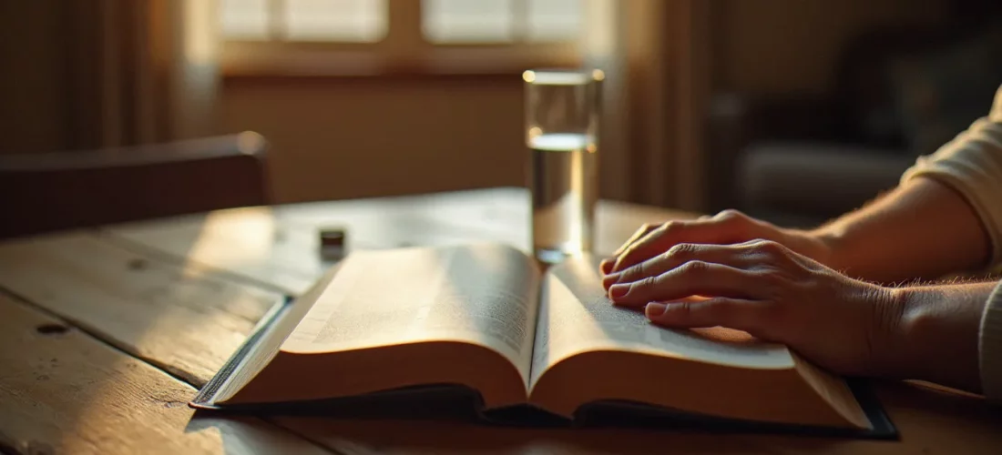 Mains âgées tenant une Bible ouverte, symbolisant les bases de la spiritualité chrétienne