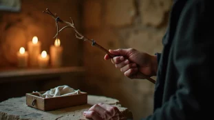 Main d'une personne tenant une baguette de radésopie en bois de saule dans une chapelle rurale, illustrant la pratique du medium avec baguette