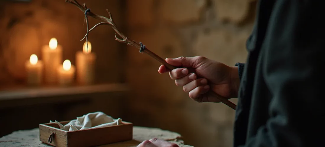 Main d'une personne tenant une baguette de radésopie en bois de saule dans une chapelle rurale, illustrant la pratique du medium avec baguette