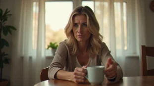 Une femme aux traits expressifs et apaisants assise à une table de cuisine lumineuse, évoquant le personnage de medium avec Patricia Arquette dans la série éponyme