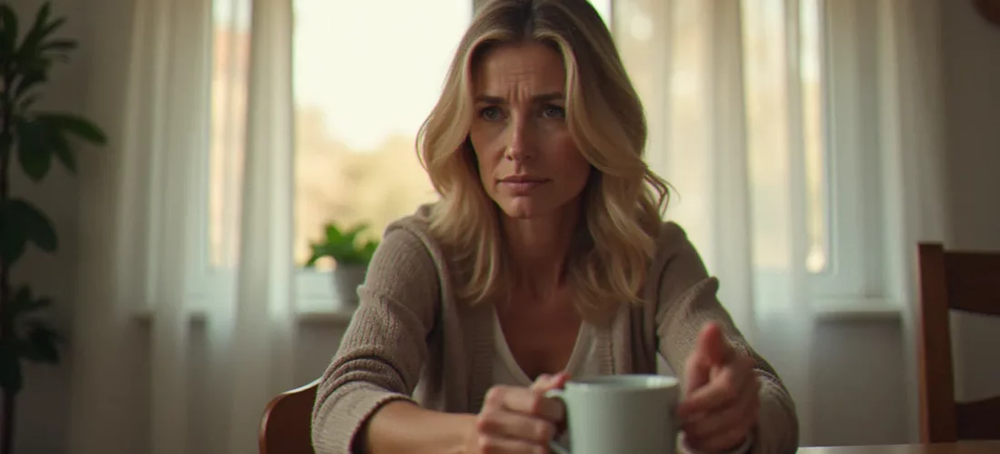 Une femme aux traits expressifs et apaisants assise à une table de cuisine lumineuse, évoquant le personnage de medium avec Patricia Arquette dans la série éponyme